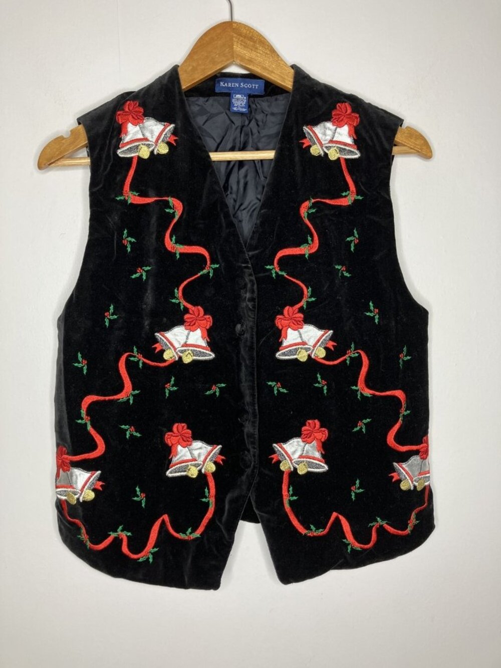 Vintage Karen Scott Black Velvet Christmas Bells Holiday Embroidered Vest Small